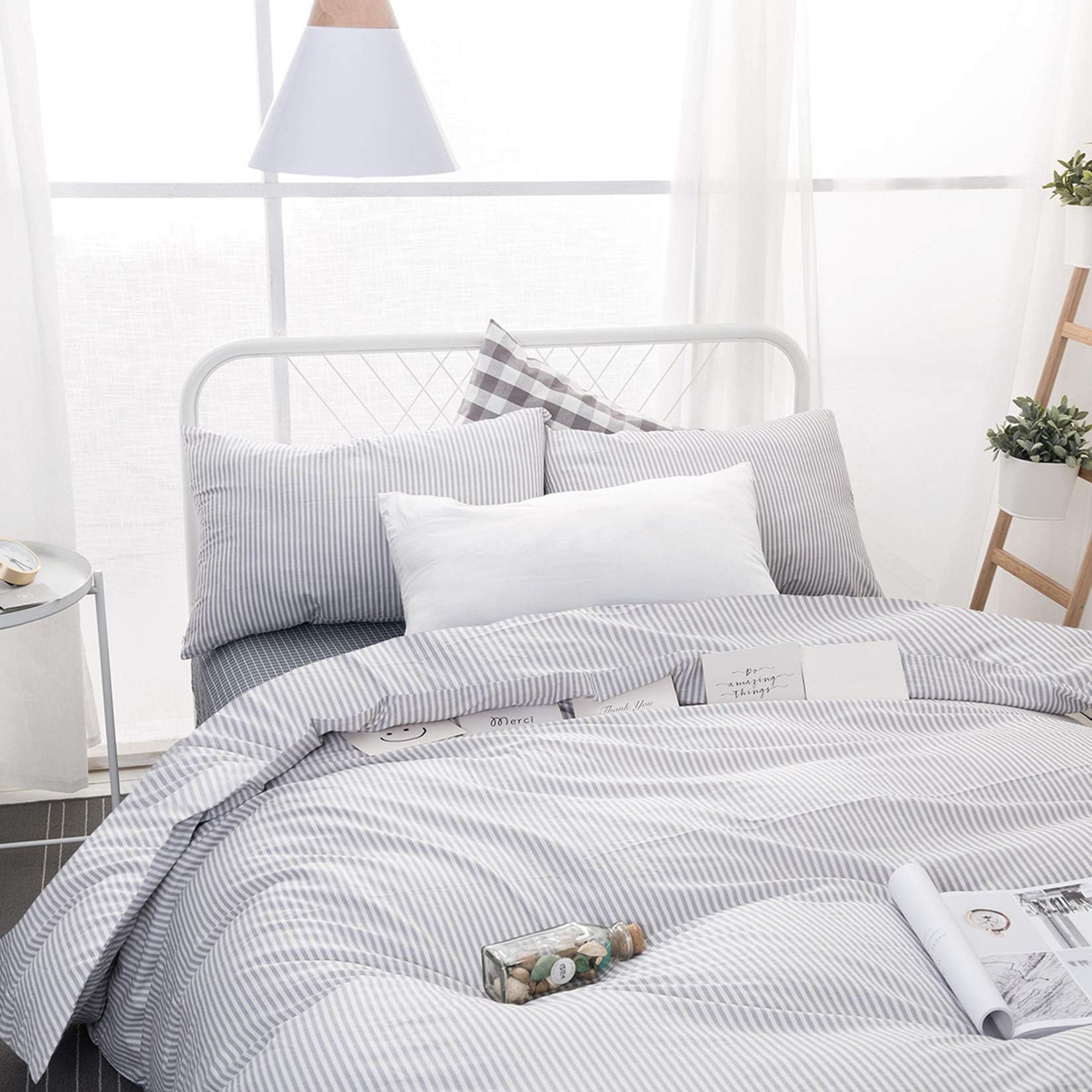 Wake In Cloud - Striped Comforter Set, 100% Cotton Fabric, Ticking Stripe Vertical Pinstripe Neutral Farmhouse Aesthetic, 3 Pieces Bedding Set, Gray, King Size