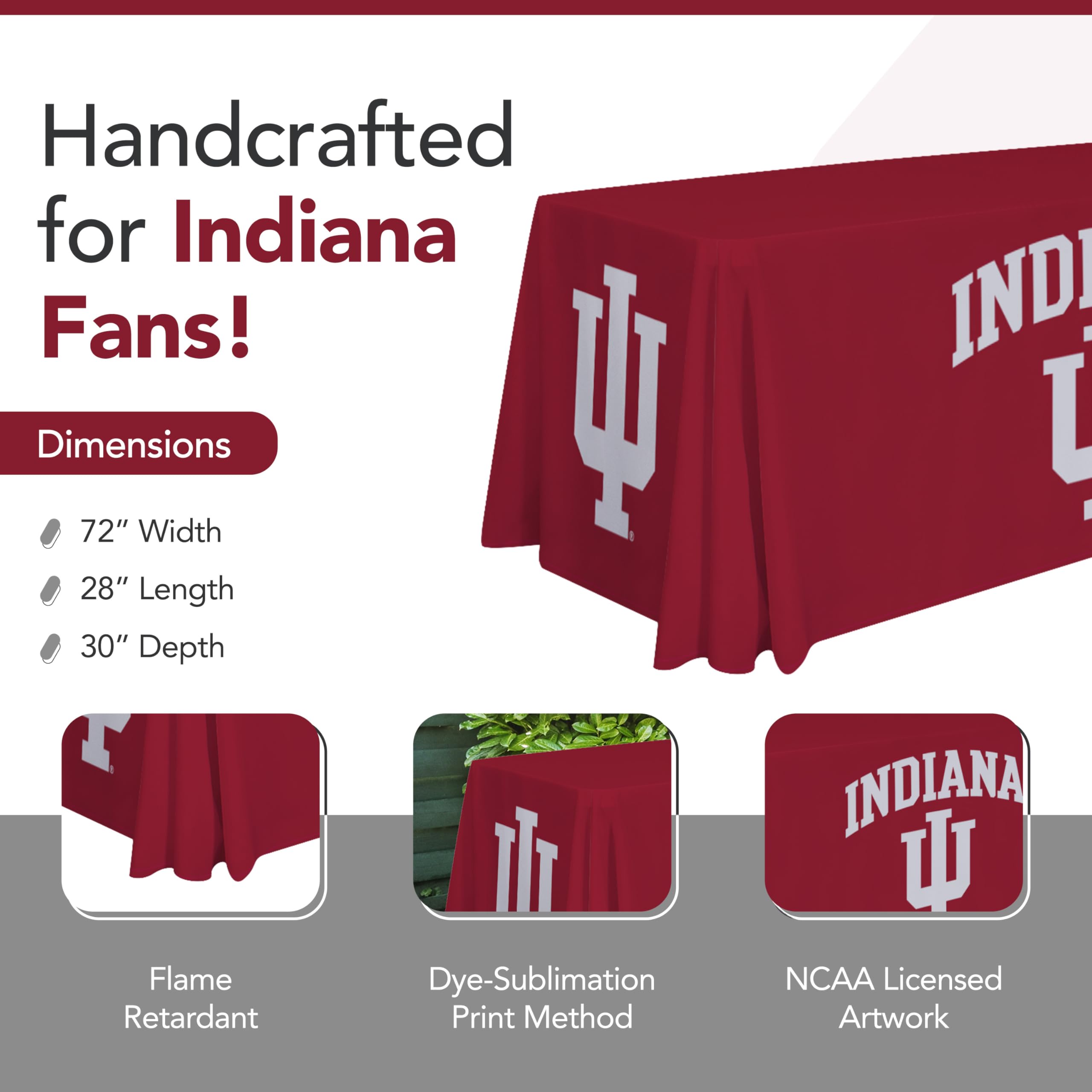 Victory Corps Indiana Hoosiers College Sports Printed Table Throw - NCAA Licensed - Polyester - School Tablecloth (White, Red) (6' Draped)