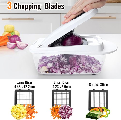 12 Blade Vegetable Chopper Mandoline Slicer - All-in-One Kitchen Gadget with Container | White