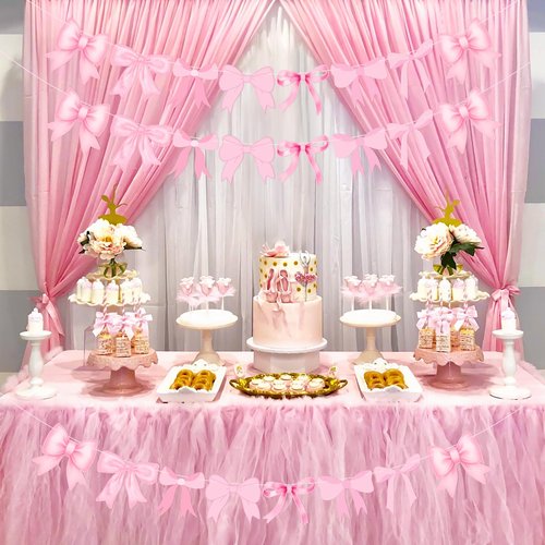 4Pcs Pink Bow Garland Banner, Pink Bow Banner Bow Party Decortions for Women Girls Bow Birthday Decorations Baby Shower Decor, Bridal Shower Wedding, Bows Party Decor