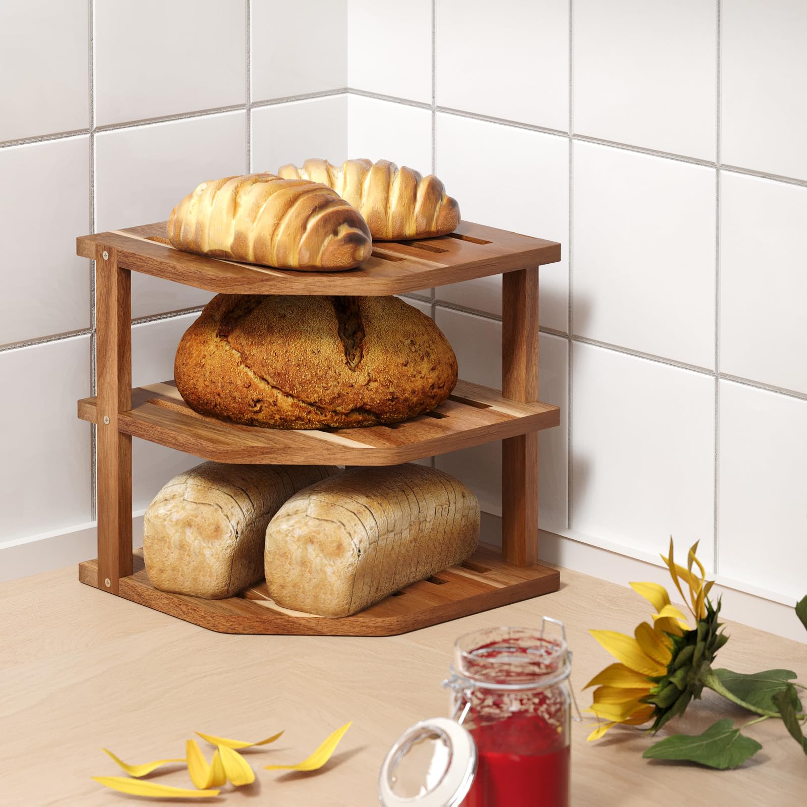 VERTORGAN 3 Tier Acacia Wood Corner Shelf,Dish Drying Rack,Plate Organizer,Kitchen Spice Rack for Countertop and Cabinet,Pantry Organization and Storage
