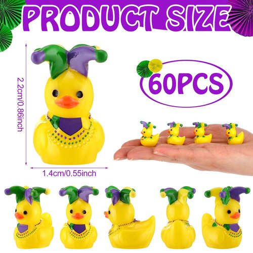 Weysat 60 Pcs Mini Mardi Gras Cruise Resin Ducks Tiny Yellow Green Purple Resin Ducks with Mardi Gras Hat Miniature Figurine Bulk Tabletop Shelf Decor for Masquerade Birthday Party Carnival Gift