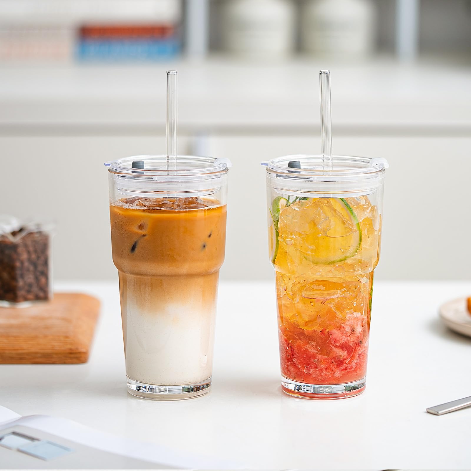 SoulTimes 20oz Glass Tumbler with Lid and Glass Straw –Set of 2, Clear Reusable Iced Coffee Cup, Drinking Glass for Coffee, Tea, Juice, Smoothies – Durable & Elegant Glassware
