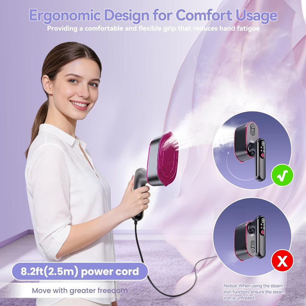 Skiennix Portable Handheld Travel Steamer - 2-in-1 Iron & Steamer with LCD Display, 1200W Fast Heat-Up, 180ml Tank for 20 Min Wrinkle Removal