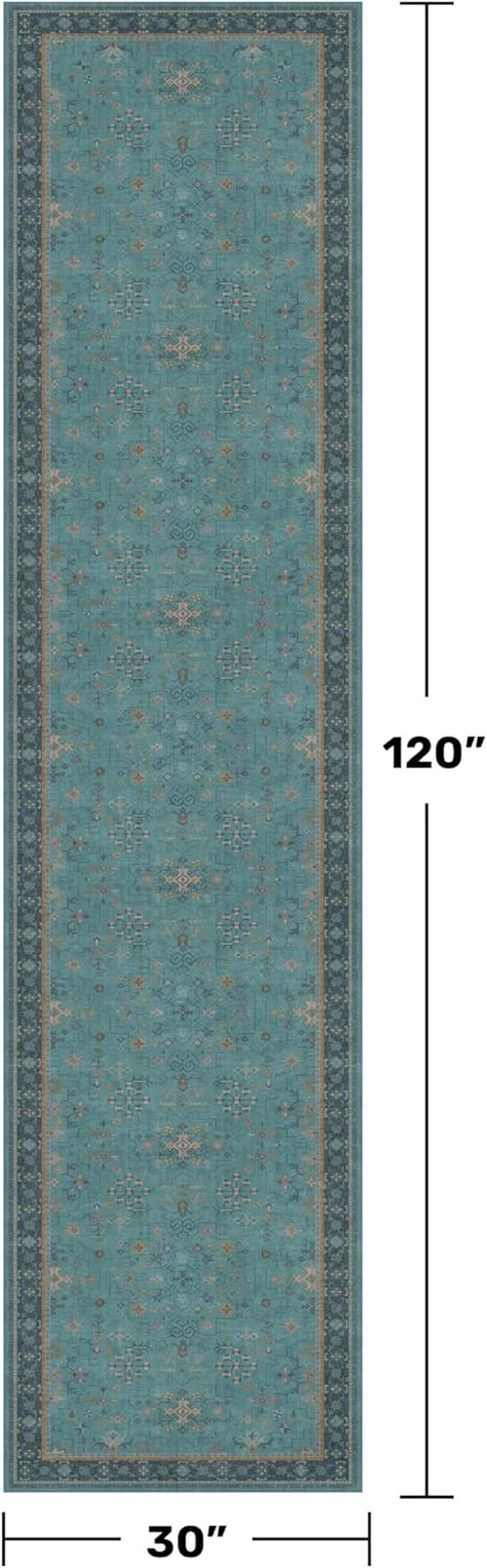 Boho Runner Rugs - Teal 2'6"x10' Washable Indoor Floor Mat with Non-Slip Rubber Backing