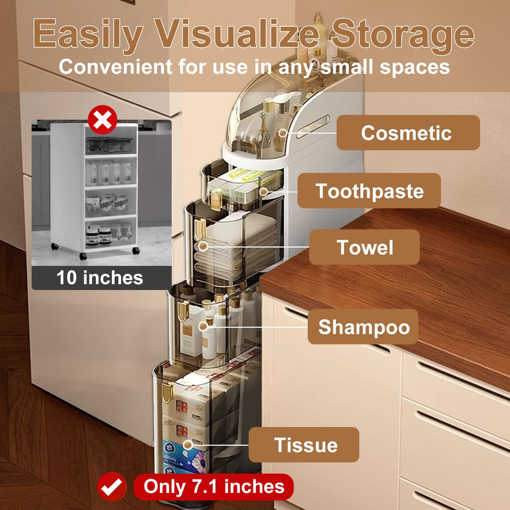 APOAK Slim Bathroom Storage Cabinet, Narrow Rolling Storage Cart with Drawers, Waterproof Bathroom Floor Cabinet, Plastic Storage Organizer for Small Spaces Kitchen Laundry Living Room, 2-Tier