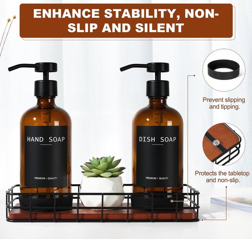 Kitchen Soap Dispenser Set with Tray, Amber Glass Soap Dispensers with Iron Basket, Decorative Hand and Dish Soap Dispenser Set, Soap and Lotion Dispensers for Kitchen and Bathroom Storage Organizer