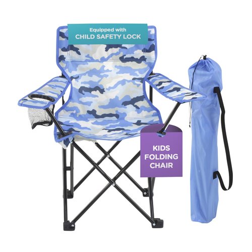 Emily Rose Kids Folding Beach Camp Chair with Safety Lock - Camping Travel Chair for Boys Girls Toddlers Ages 2-7 with Cup Holder & Carry Case (Blue Camo) Indoor Outdoor Lightweight USA Brand