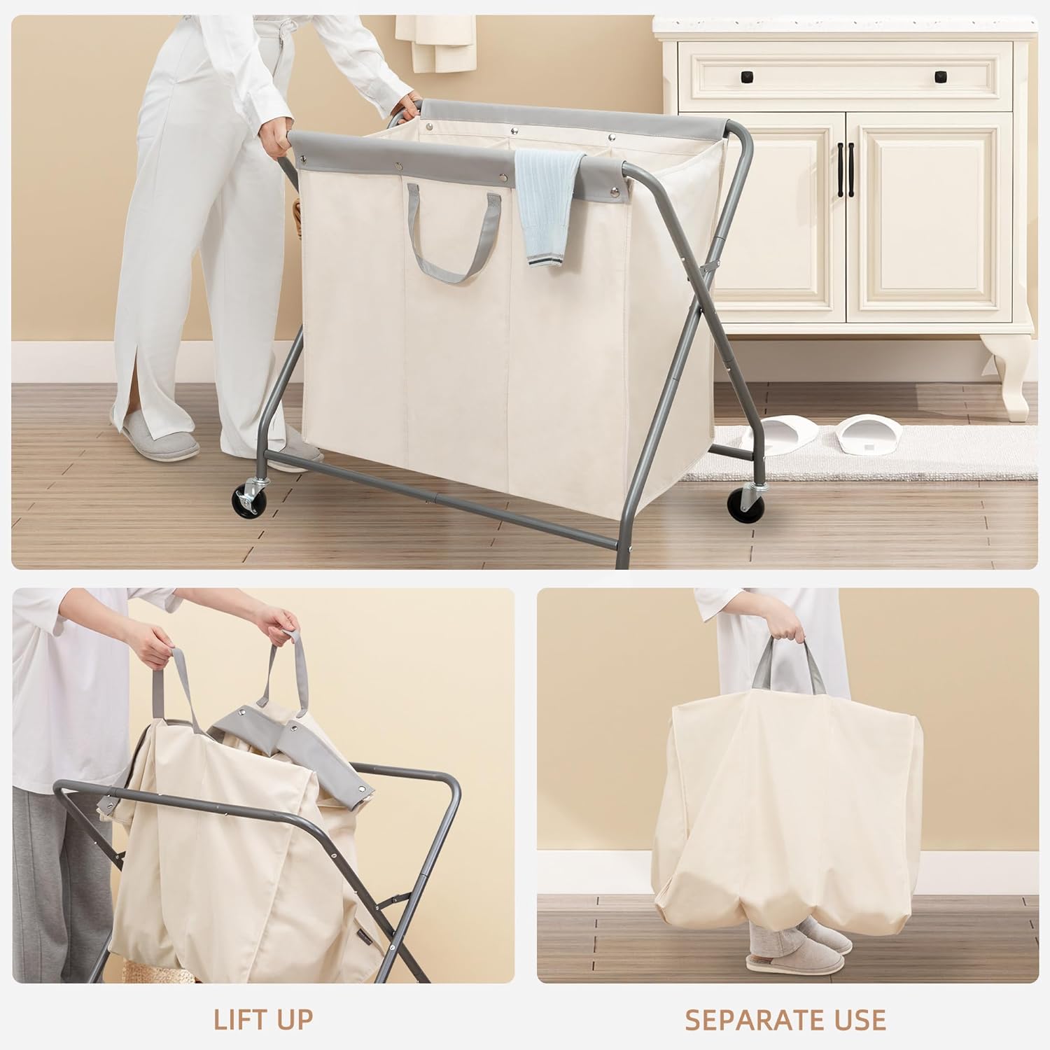 Storage Maniac 160L Collapsible Laundry Hamper - Heavy Duty Rolling Basket with Removable Bag & 3 Sections