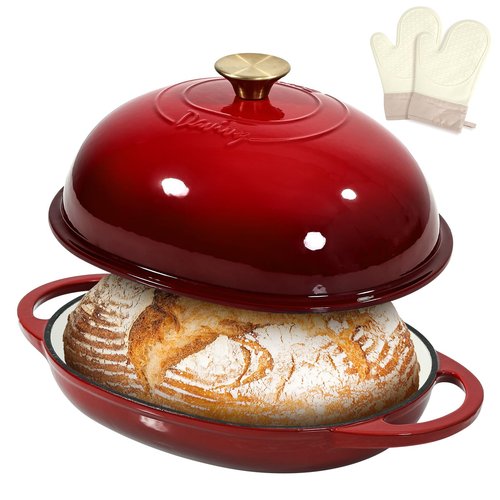 Davivy 6QT Oval Cast Iron Sourdough Dutch Oven with Silicone Oven Mitts, Bread Dutch Oven for Sourdough Bread Baking 6QT, Cast Iron Bread Cloche Loaf Pan with Domed Lid - Ruby Red