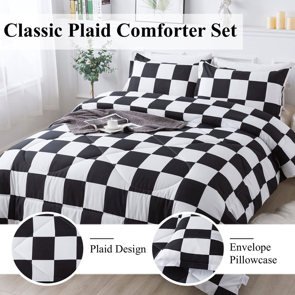 Andency Checkered Comforter Twin(66x90Inch), Black White Plaid Gingham Bed Set for Teen Boys Kids, Lightweight Polyester Geometric Preppy Bedding, 2 Pieces