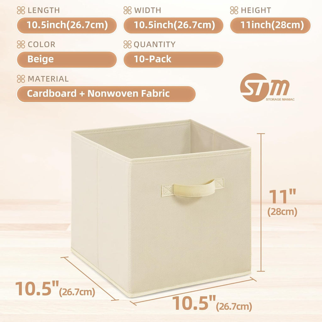 Storage Maniac Storage Cubes - 11 Inch Collapsible Bins with Handles | 10-Pack Beige Fabric Organizers