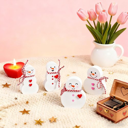 DoubleFill 4 Pcs Valentine's Day Snowman Figurine Tabletop Set Wooden Snowman Sign Tables Centerpieces Decor Heart Cute Table Decoration for Valentines Gift Wedding Party Decoration