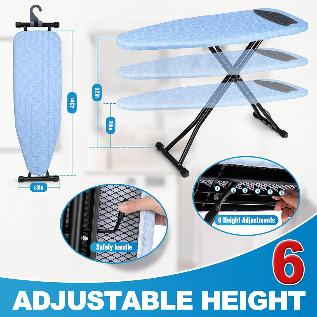 Skiennix Ironing Board - Heavy Metal Frame with Silicone Iron Mat | Foldable & Adjustable, 13x43in