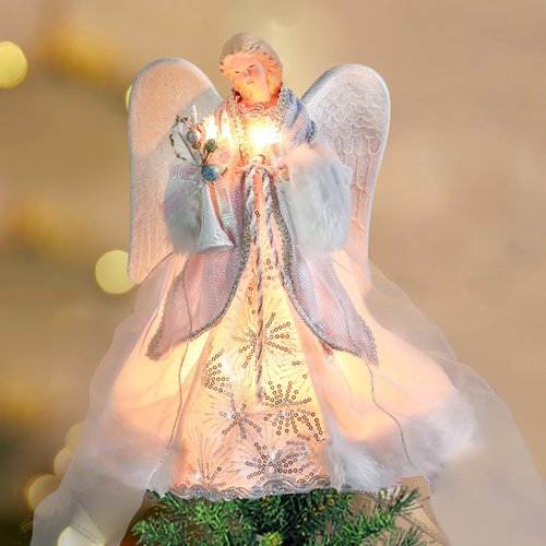 Yinns Angel Tree Topper with Lights, Christmas Tree Toppers Decorations, Angel Tree Toper for Christmas Ornament or Indoor Home Table Top Decor,12-Inch Lighted Angel Tree Toppe Bule