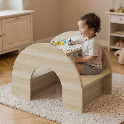 ZUNLANTK 3-in-1 Kids Desk and Chair Set, Toddler Desk with Bookshelf for Ages 2-7 | Arched Baby Bookshelf with Table for Reading Drawing Playing (Oak)