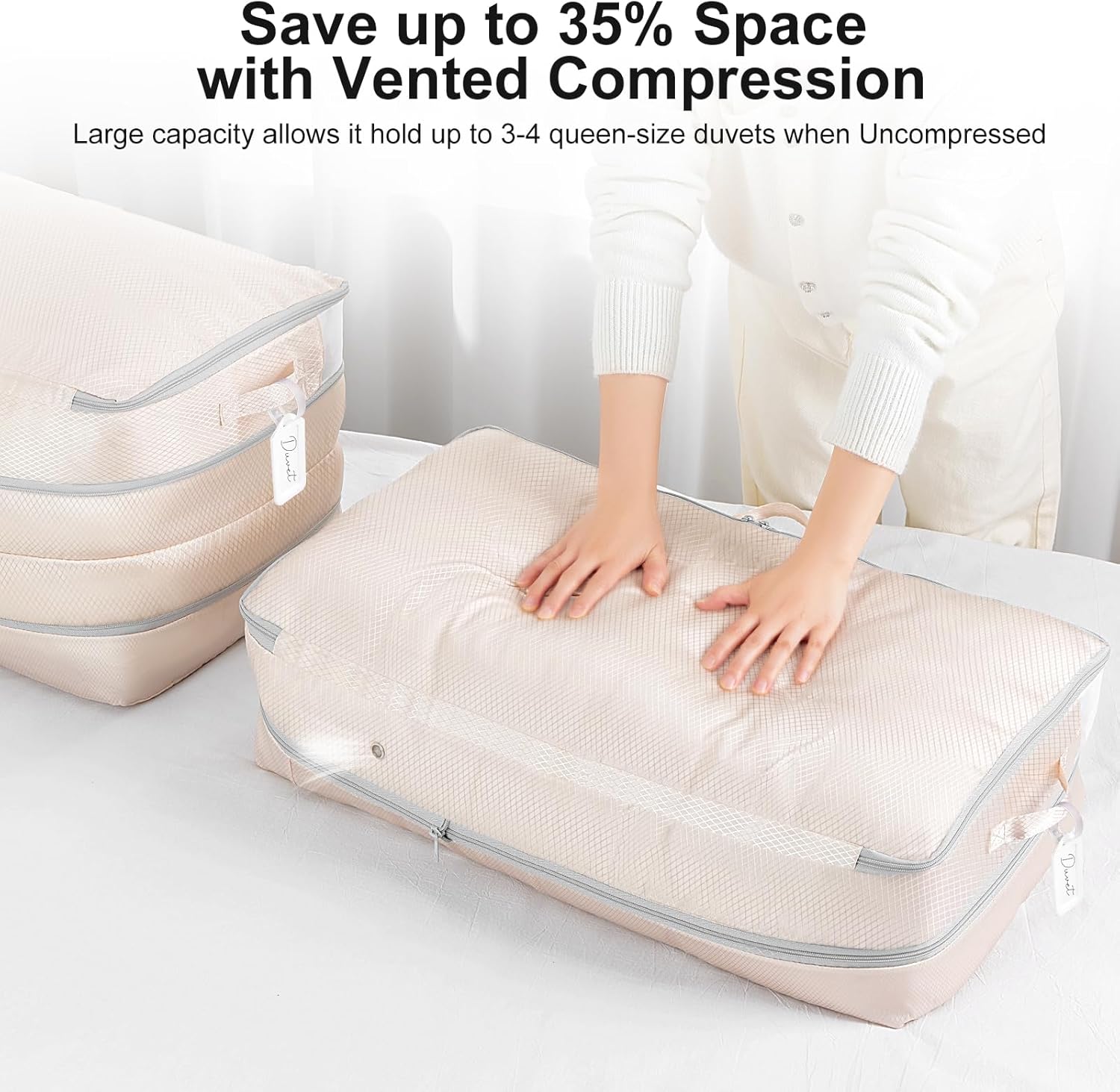 Comforter Storage Bag - Large Capacity Washable Compression Organizer | 2-Pack Beige