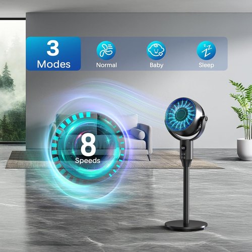 JYMIPA Oscillation Standing Fan - Whisper Quiet Pedestal Fan with 3 Modes & 8 Speeds | 24-42" Adjustable Height for Home Office