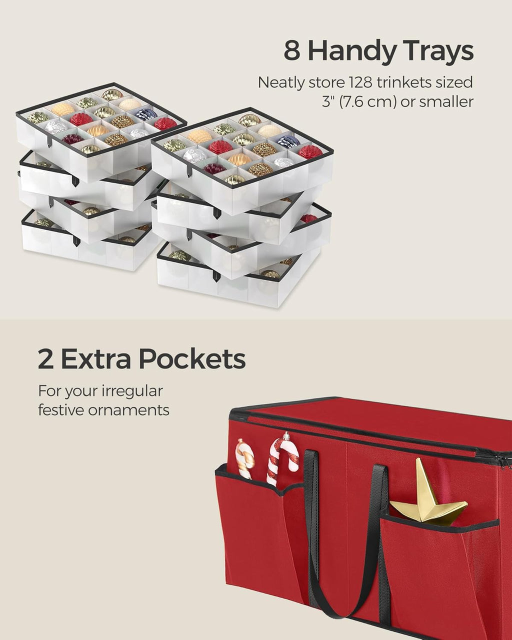 SONGMICS Christmas Ornament Storage Box - Stackable Dual Zipper Container with 128 Slots - Cherry Red, 600D Oxford