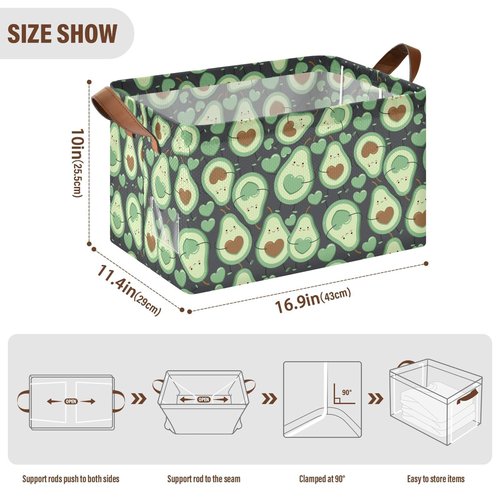 YNNALE Avocado Green Happy Fruit Storage Bins for Shelves with Labels&Handles Fabric Organizer Bin Foldable Rectangle Storage Basket Boxes for Closet, Bathroom, Home, Living Room, 2 Pack