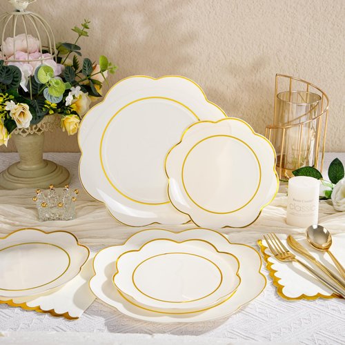 WONDERFUL 350PCS Ivory Plastic Plates for Party Plates Disposable Heavy Duty Ivory Gold Plastic Dinnerware Set for 50 Guests - 100 Disposable Plate,150 Silverware,50 Cup,50 Wedding Napkins for Wedding