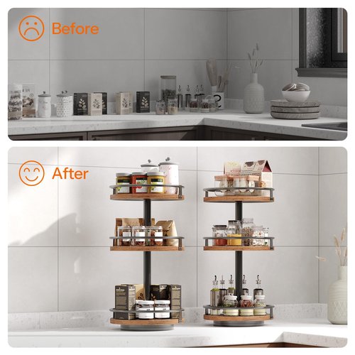 HOOBRO 3-Tier Lazy Susan Organizer, Rotating Spice Rack, Turntable Spice Rack, Vertical Storage Organizer, for Kitchen Countertop, Vanity, Dining Table, Rustic Brown and Black BF09TL01