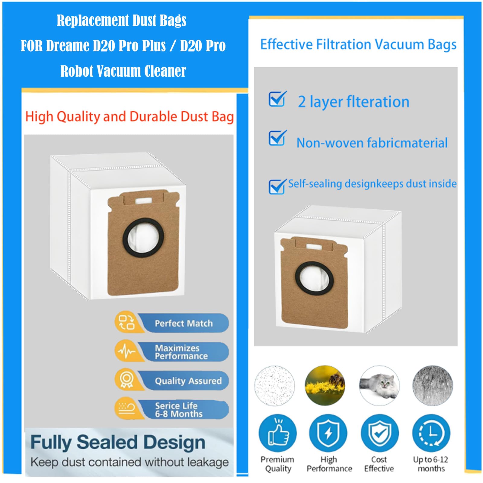 Replacement Dust Bags Compatible With Roborock H60 Hub / H60 Hub Pro / H60 Hub Ultra / H50 Ultra Cordless Vacuum Cleaner, 10 Pack Spare Parts Accessories