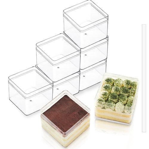 FZJ 20 Pack 12OZ Square Clear Plastic Dessert Cups with Lids and Stickers Disposable Parfait Cups with lids,Tiramisu container with lid,Cupcake,Parfait,Pudding,Iced Cold Drinks,Snacks,Fruits