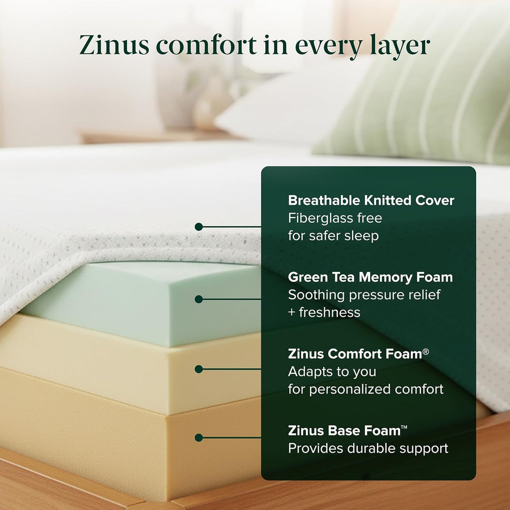 Zinus 12 Inch Twin XL Green Tea Memory Foam Mattress - Medium Firm, Zoned Pressure Relief, Fiberglass Free