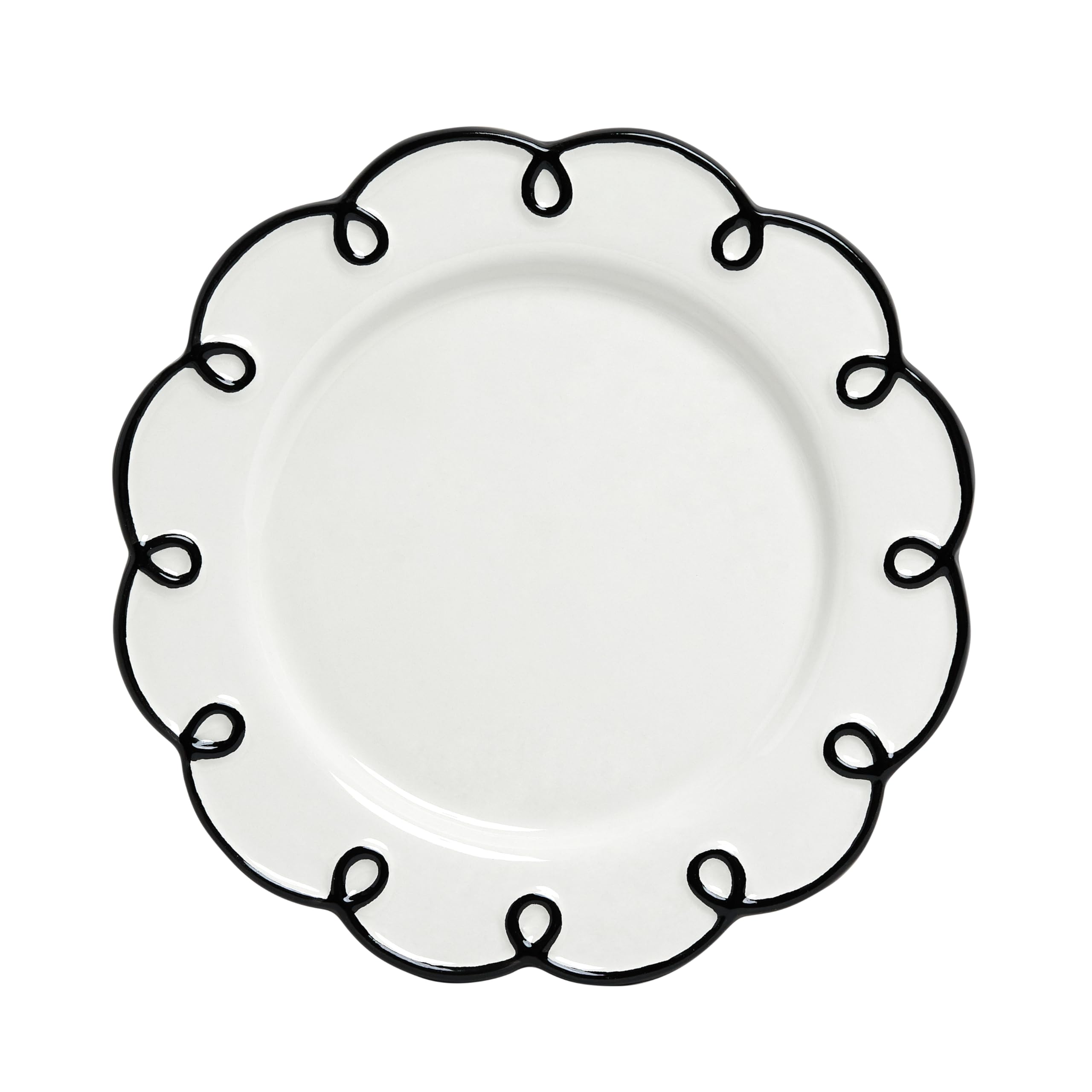 Sango 12-Piece Earthenware Dinnerware Set for 4, Glossy White Plates and Bowls Sets with Black Scalloped Rims, Premium Dish Set, Dishes for Hosting Parties, Birthday & Wedding Gifts, Splash of Cheers