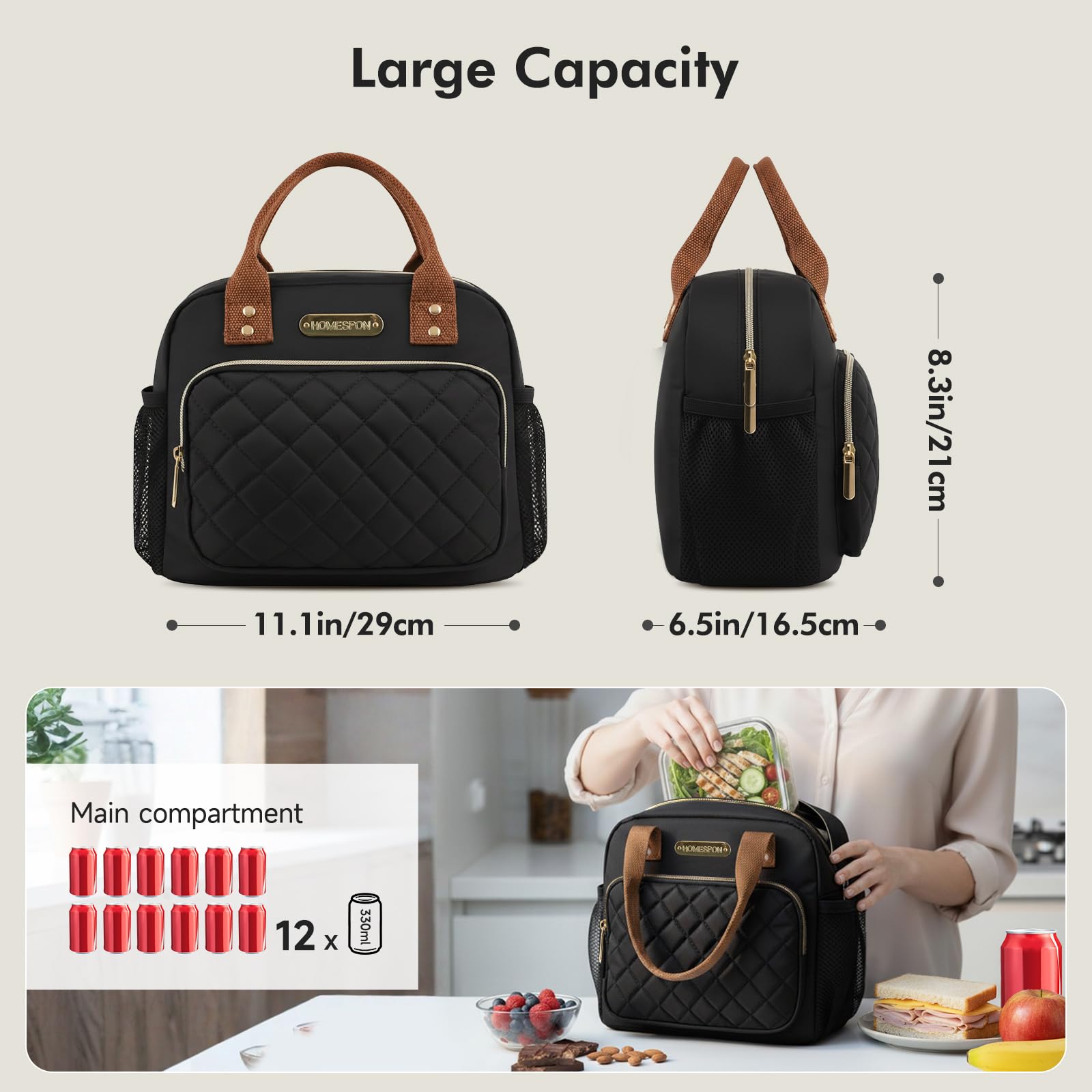 HOMESPON Lunch Bag for Woman Man Adults with Front Pocket Insulated Lunch Tote with Side Pockets Lunch Box Container for Work Picnic or Travel (Black Golden)