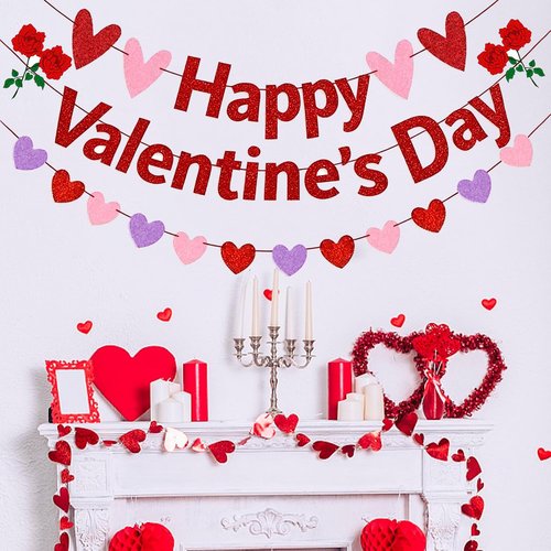 Pre-Strung Happy Valentine's Day Banner, Glitter Valentines Day Bunting Sign Decorations with Red Pink Purple Heart Garland for Indoor Home Wedding Engagement Anniversary Party Photo Backdrop Decor