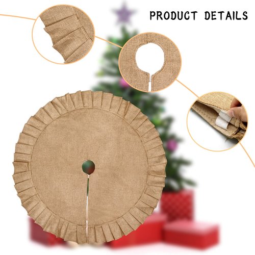 Medoore Christmas Tree Skirt Linen Burlap Tree Skirt with Ruffled Border Rustic Christmas Burlap Tree Skrit for Christmas Tree Holiday Decorations, 47 Inches
