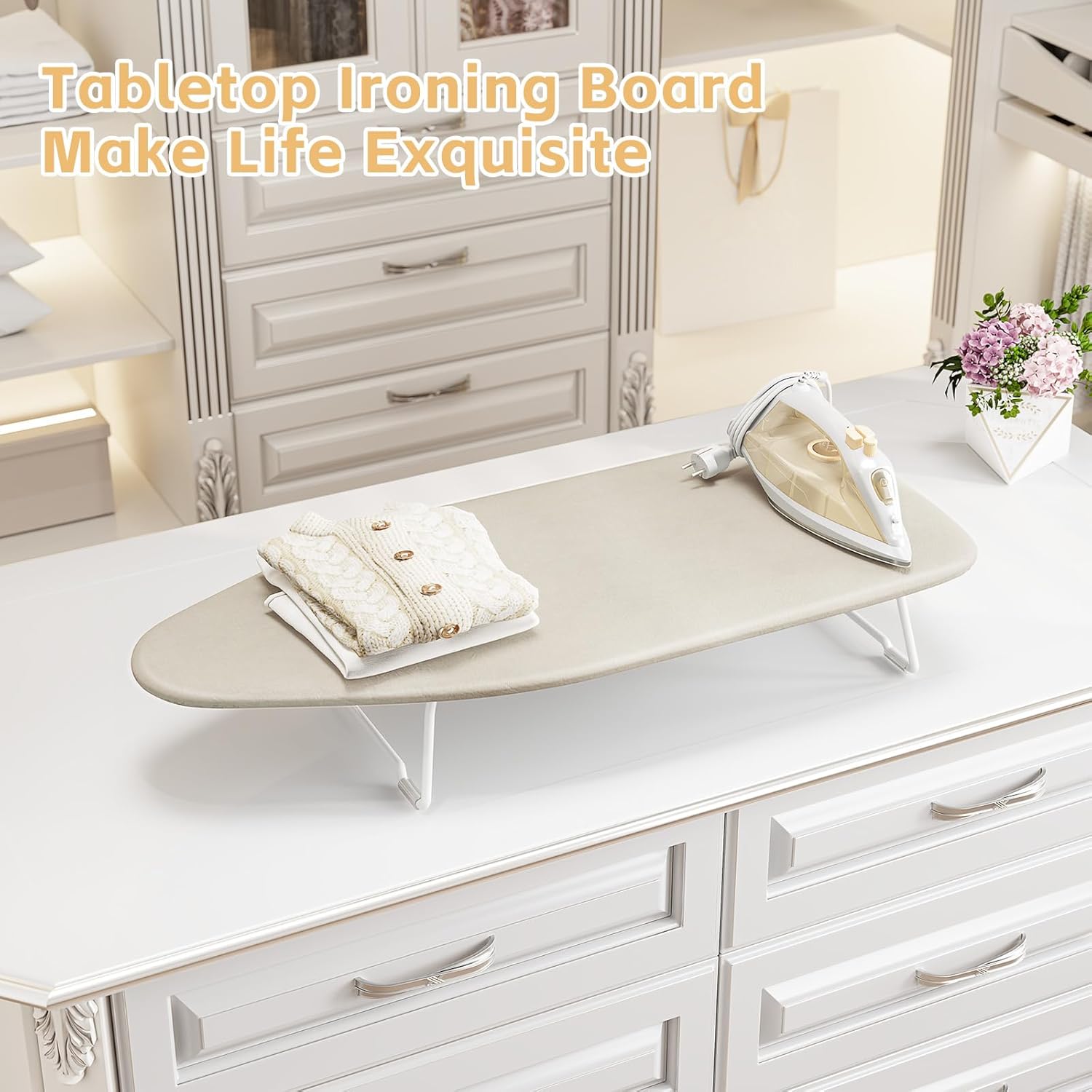 Skiennix Compact Ironing Board - Heat Resistant Cover & Metal Mesh Frame - 12" x 30" - Cream White