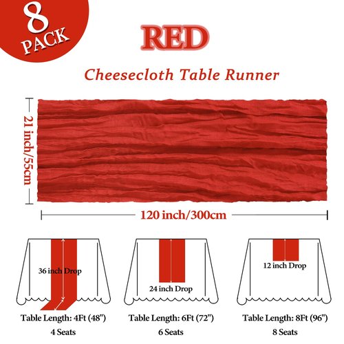 8 Pack Red Valentine's Day Table Runner Cheesecloth 10Ft Gauze Cheese Cloth Table Runner 120 Inch Boho Sheer Rustic Fabric for Party Decor Baby Shower Wedding Holiday Decorations