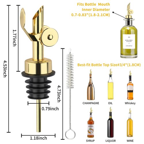 QPIX DIGITAL Weighted Stainless Steel Pourers, 4 Pcs Auto Flip Olive Oil Dispenser Spout, Alcohol Pourer Spouts, Liquor Bottle Pourers with Silicone Funnel, Gold Oil Dispenser for Kitchen