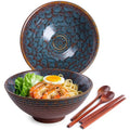 HOKELER Ceramic Japanese Ramen Bowl Set, 2 Sets Asian Pho Udon Soup Noodle Bowls with Spoons and Chopsticks (Peacock Green, 8 inches)
