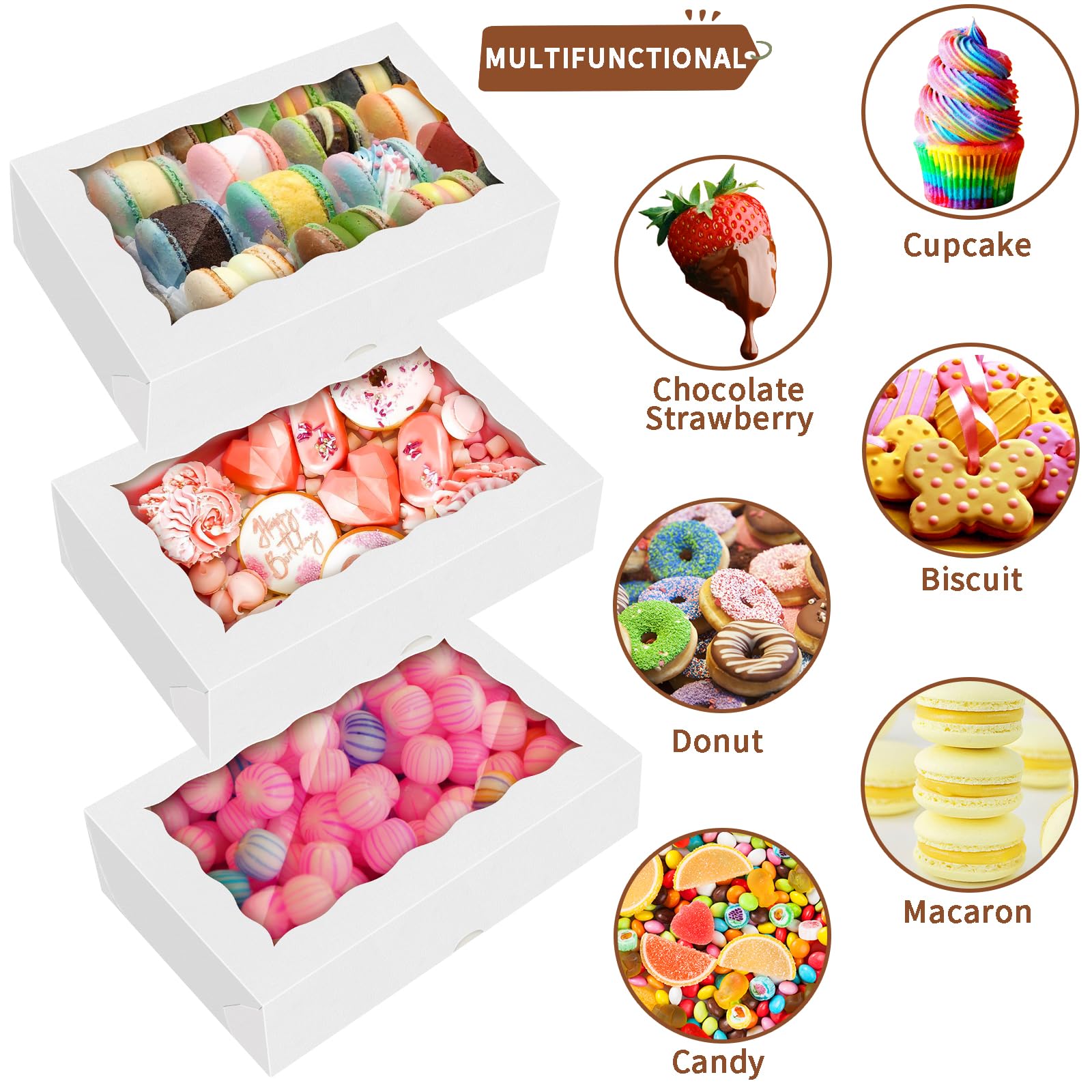 HONGFAPK 30Pcs 7" x 4 3/8" x 1 1/2" inches,Bakery Boxes with Window, Cookie Boxes, Chocolate Covered Strawberries, Treat Boxes, Dessert Boxes for Party Favors Wedding Christmas