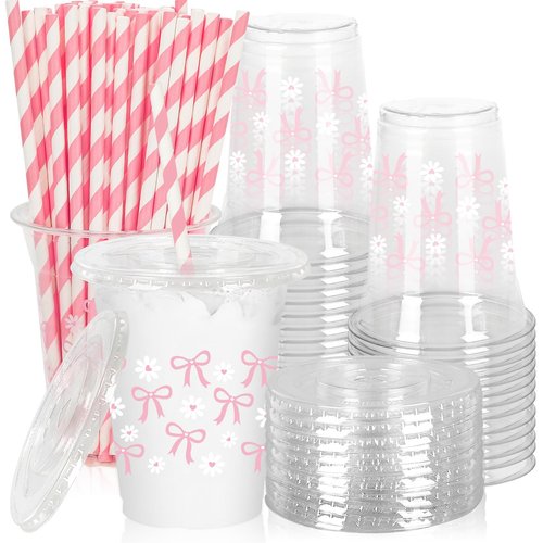 JarThenaAMCS 50 Pcs Pink Bow Plastic Cups with Lids and Straws 12 oz Pink Bow Daisy Clear Plastic Cups Disposable Cups for Mother's Day Birthday Wedding Party Supplies