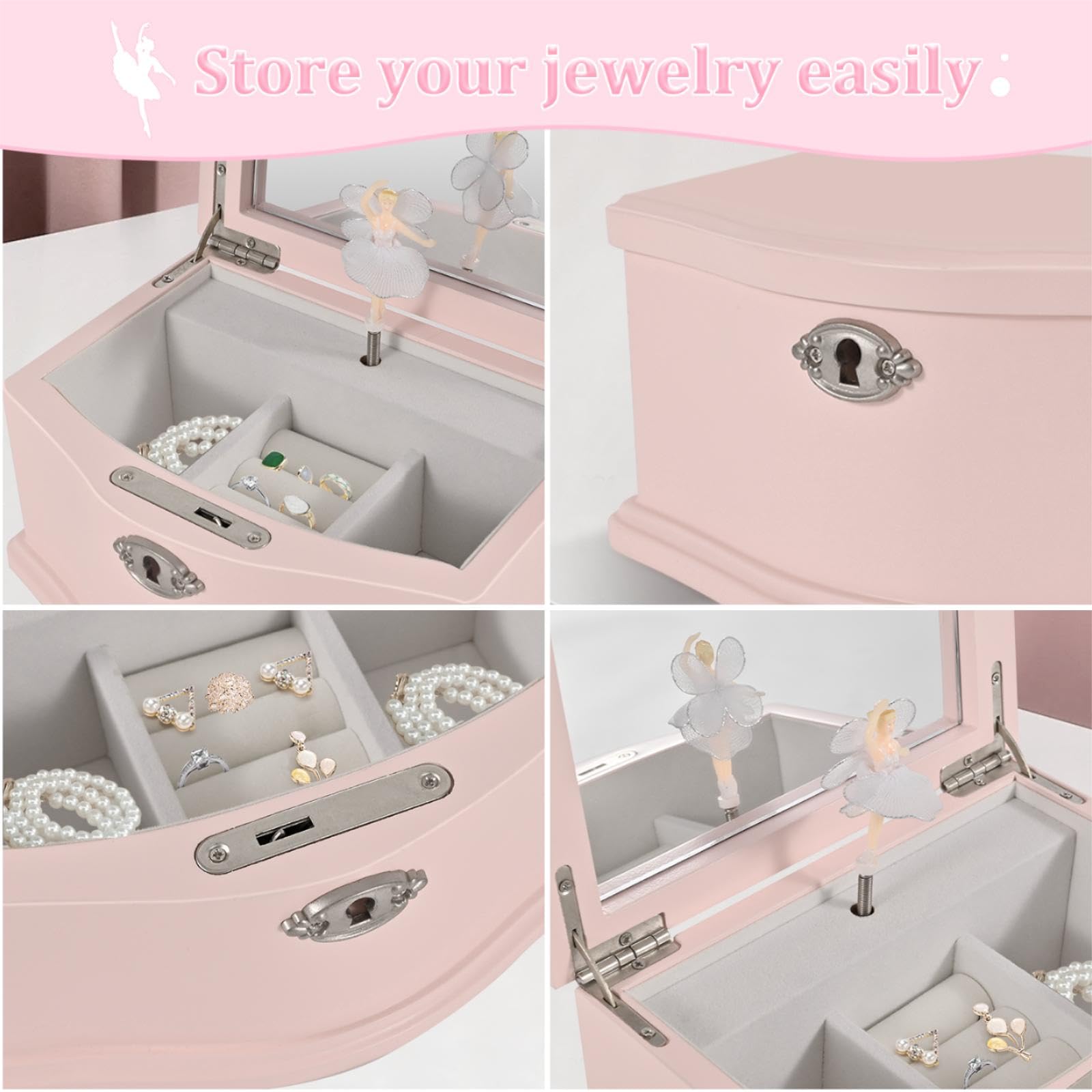 Lihou PapaQ Pink Ballerina Musical Jewelry Box for Girls, Wooden Jewelry Storage Chest with Mirror & Lock, Swan Lake Tune Spinning Ballerina Music Box, Ideal Kids Gift for Christmas & Holidays