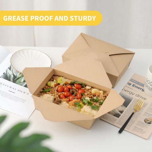 GHEIR 68 oz Take Out Food Containers 100 Pack, Disposable Kraft Paper To Go Containers Boxes, Microwaveable Leak and Grease Proof Take Out Boxes for Restaurant, Catering and Party