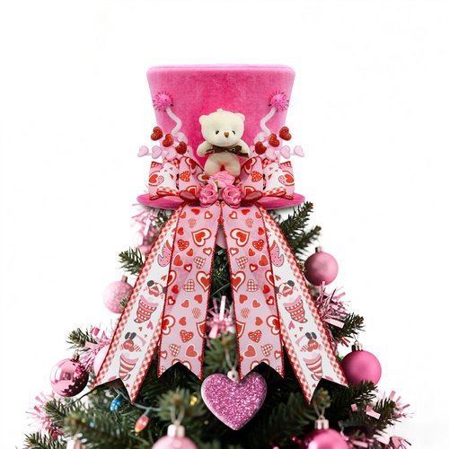ARTSEMI Valentine Tree Topper Hat, Pink Valentines Day Decorations Tree Topper with Plush Bear and Heart Bows, Valentines Ornaments Party Decor