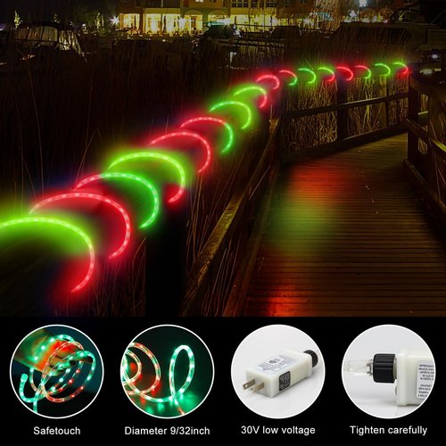 Kenburg Christmas Rope Lights Outdoor, 100Ft 1200 LED Red and Green String Lights, Waterproof Tube Light Plug in 8 Modes Timer Memory, Permanent Christmas Lights for Tree Fence Yard House Decorations