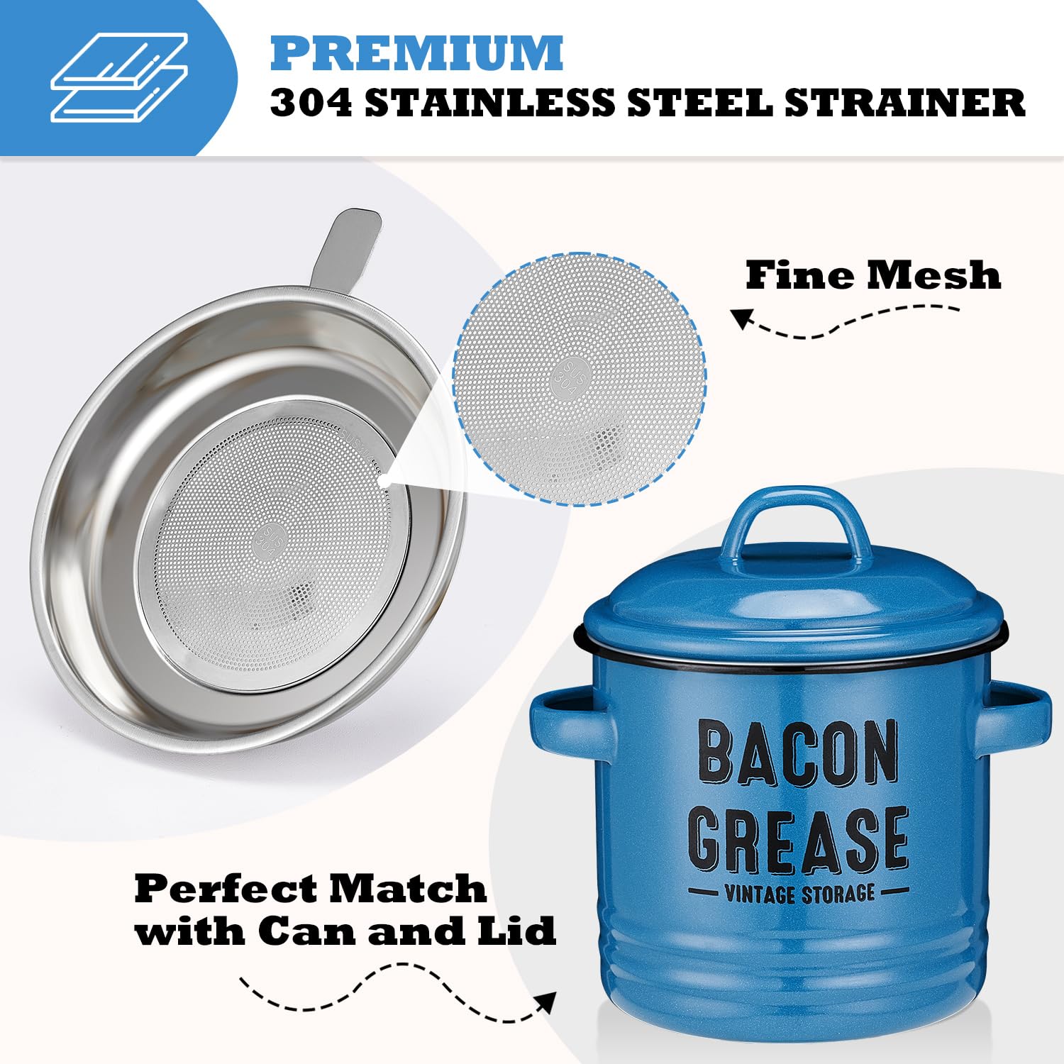 ONEARF Bacon Grease Container with Strainer - Large 46OZ Kitchen Oil Storage Can, Food Saver Bin with Lid | Farmhouse Cooking Pot Keeper Collector, Dishwasher Safe - Blue