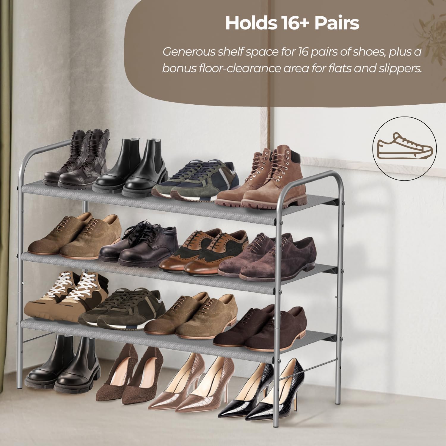 Simple Houseware 3-Tier Shoe Rack - Space-Saving Organizer for 9-16 Pairs | Sturdy Metal Frame, Grey