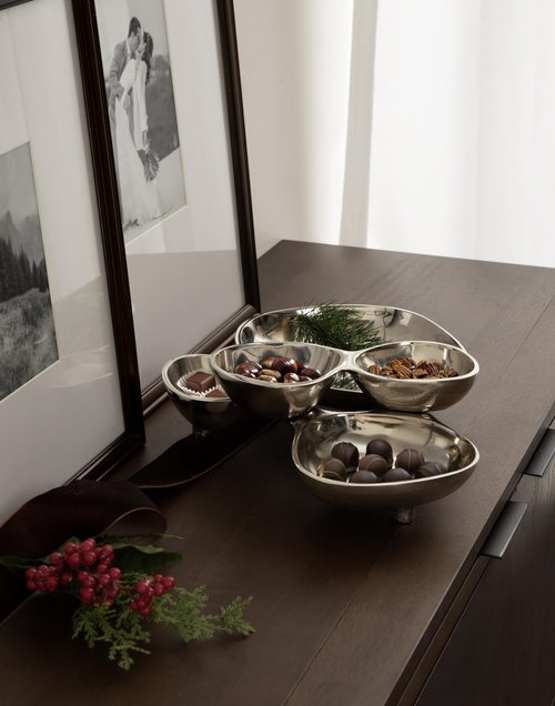 Kate and Laurel Cluso Modern Metal Tabletop Footed Cluster Tray, 14 x 10, Shiny Silver, Sculptural Cast Aluminum Food-Safe Tray for Kitchen or Entryway Decor