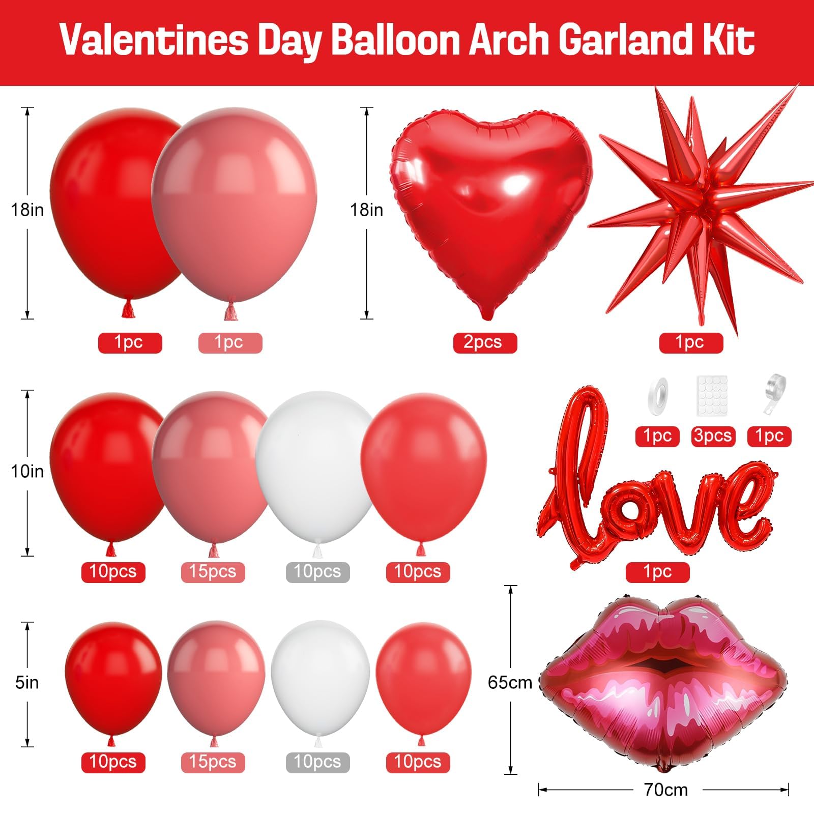 Valentines Balloons Arch Kit with Dusty Pink Red Balloons Red Star Pink Heart Lip Love foil Balloon for Women Girls Valentine's Day Galentines Day Wedding Bridal Shower Anniversary Party Supplies
