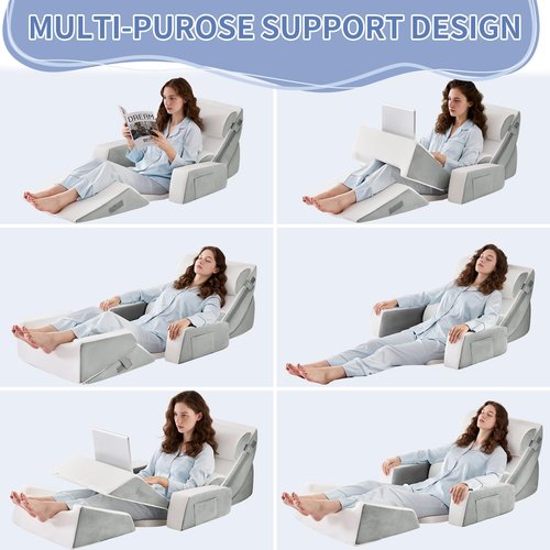 Paxato 9PCS Wedge Pillow Set for After Surgery Recovery, Adjustable Memory Foam Neck Pillow, Foam Leg Pillow, Relieves Neck, Leg Pain, Sleep Apnea, and Functions as a Reading Pillow, Gray
