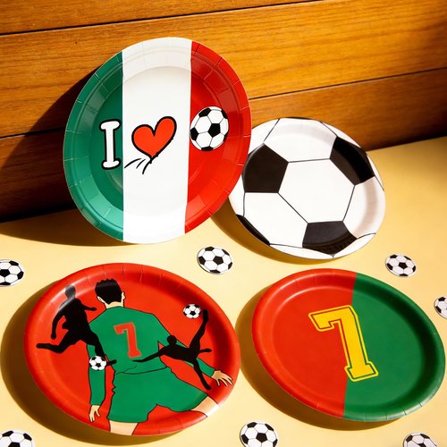 48 Pcs Soccer Paper Plates 7" Soccer Birthday Party Disposable Dessert Plates Supplies Green Red Sports Ball Plates Sport Party Dinnerware Decorations Tableware for Birthday Baby Shower Sporty Party