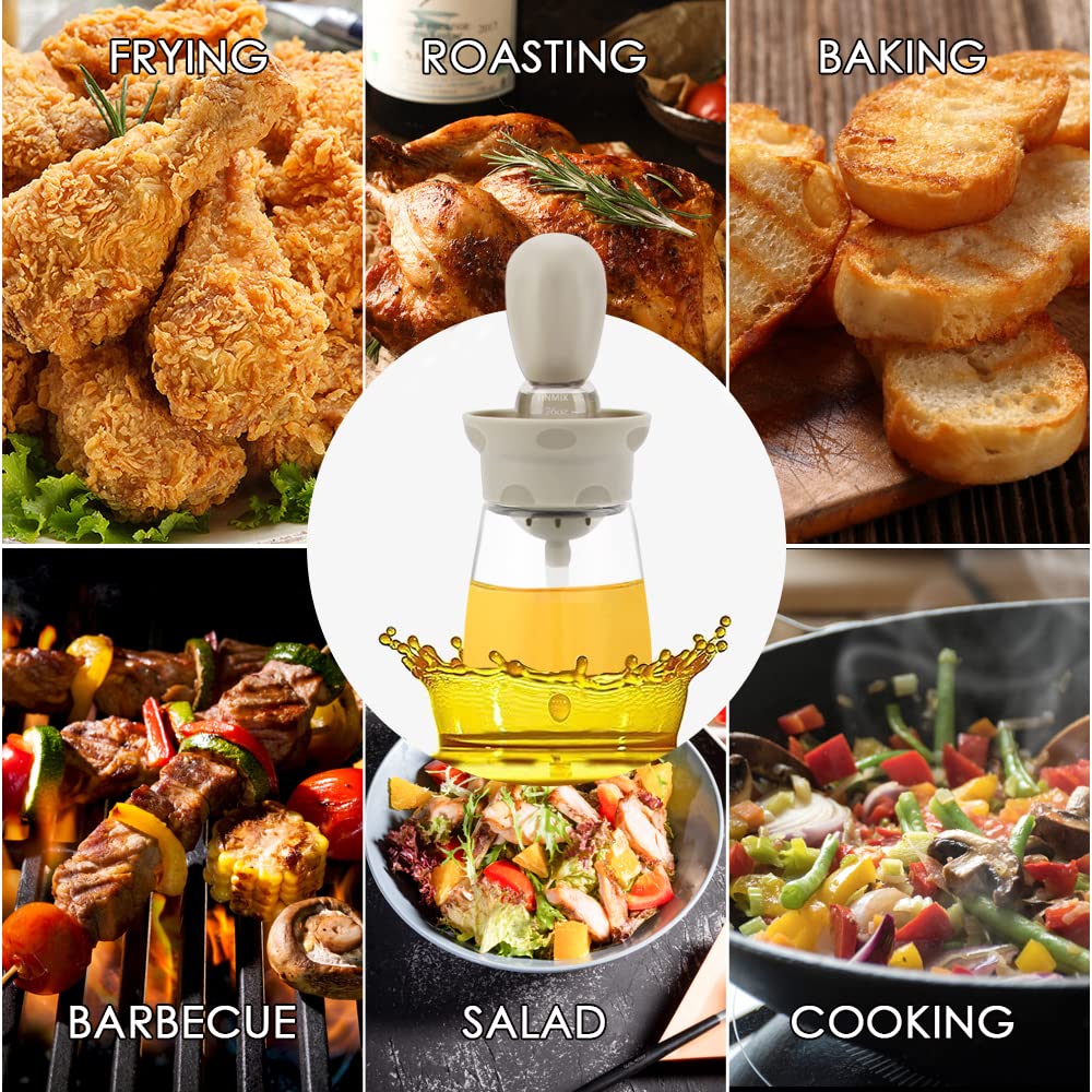 Oil Dispenser Bottle with Brush - 2 IN 1 Glass Olive Oil Storage and Container with Silicone Basting Brush for Kitchen BBQ Grilling Baking and Cooking, T-OB22, Grey